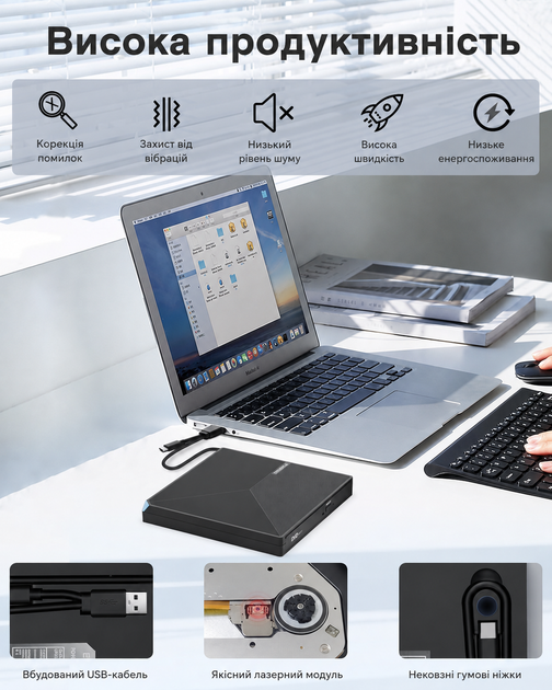 Внешний CD/DVD-привод ORIGBELIE USB 3.0 Type-C запись DVD/CD для ноутбука и ПК портативный оптический дисковод - изображение 7