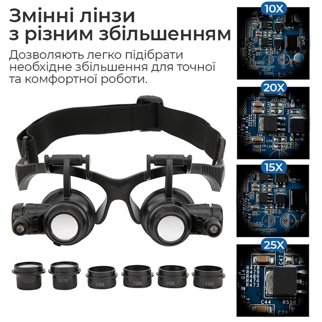 Лупа окуляри бінокулярні Magnifier 9892GJ з LED підсвіткою / збільшення 10X 15X 20X 25X - зображення 3