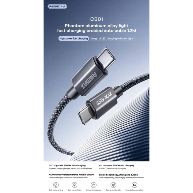 Кабель REMAX Phantom aluminum alloy light fast charging braided data cable 1.2M CB01(C-C) (6954851235071) - Фото 3 Кабель REMAX Phantom aluminum alloy light fast charging braided data cable 1.2M CB01(C-C) (6954851235071) - изображение 3