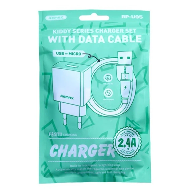 Мережевий зарядний пристрій з кабелем REMAX Kiddy Series 2.4A RP-Charger Set with Cable U95 Micro - Фото 2 Мережевий зарядний пристрій з кабелем REMAX Kiddy Series 2.4A RP-Charger Set with Cable U95 Micro - изображение 2