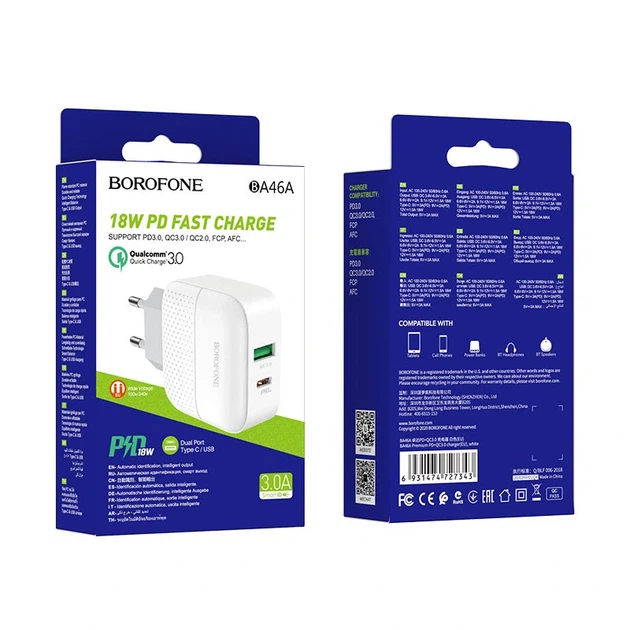 Мережевий зарядний пристрій BOROFONE BA46A Premium PD + QC3.0 18W White - Фото 2 Мережевий зарядний пристрій BOROFONE BA46A Premium PD + QC3.0 18W White - изображение 2