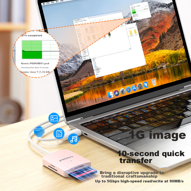 Кардридер Pisen USB/Type-C 3.0 High-Speed, поддерживает карты SD/TF/CF/MS, видеорегистратор, карты памяти для систем видеонаблюдения, совместим с компьютерами, Apple 15/iPad/телефонами Android. - изображение 5