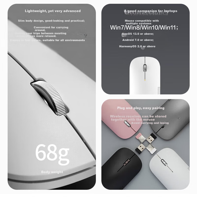 Беспроводная Bluetooth-мышь Lenovo, перезаряжаемая мышь, тихая мышь, версия с зарядкой Air Handle, тихая мышь с двумя режимами работы, портативная офисная мышь, цвет «Штормовой серый». - изображение 4
