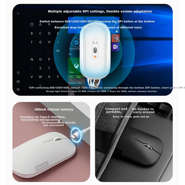 Беспроводная Bluetooth-мышь Lenovo, перезаряжаемая мышь, тихая мышь, версия с зарядкой Air Handle, тихая мышь с двумя режимами работы, портативная офисная мышь, цвет «Штормовой серый». - изображение 5