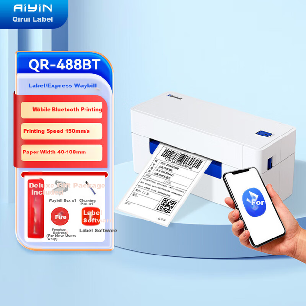 Принтер етикеток QIRUI QR-488BT з Bluetooth для експрес-доставки та електронної комерції, самоклеючий принтер 108 мм, термопринтер етикеток для експрес-доставки - изображение 4