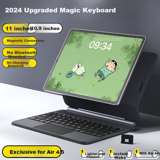 Новая клавиатура BOW Hangshi HA354 2025 Magic Keyboard для iPad 9-го поколения, совместимая с Apple Air 5/4, магнитный защитный чехол, встроенная пятиуровневая подсветка, черная. - изображение 4