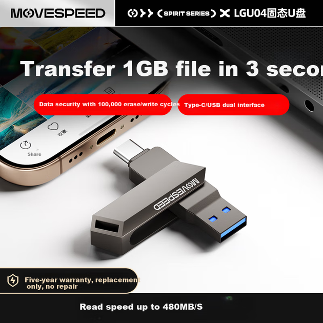 MOVE SPEED 128GB — твердотельный накопитель для телефонов, Type-C/USB3.2, USB-порт, совместимый с Apple и Android, высокоскоростной, подходит для использования на компьютере и в автомобиле, имеет скорость чтения 460 МБ/с. Inspiration Ultra - изображение 9