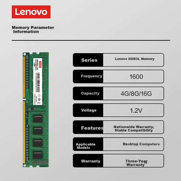 Оперативная память Lenovo DDR3L-1600 8192MB PC3L-12800, для настольного ПК - изображение 4