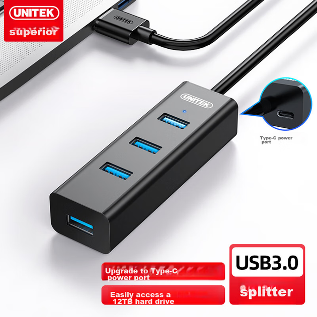 Розширювальна док-станція UNITEK USB Hub для ноутбуків та настільних комп'ютерів, високошвидкісний концентратор 3.0 з адаптером порту живлення Type-C, подовжувач 0,3 метра Y-3089T - изображение 4