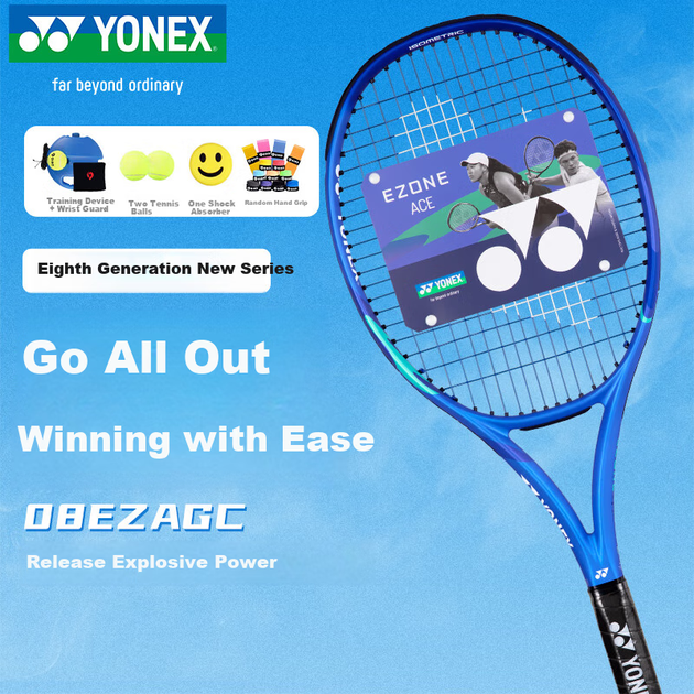 Тенісна ракетка YONEX, повністю з вуглецевого волокна, Competition Offensive, 8-го покоління EZONE ACE Royal Blue G1, попередньо натягнута, 260 грамів - изображение 4