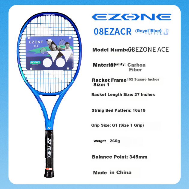 Тенісна ракетка YONEX, повністю з вуглецевого волокна, Competition Offensive, 8-го покоління EZONE ACE Royal Blue G1, попередньо натягнута, 260 грамів - изображение 5