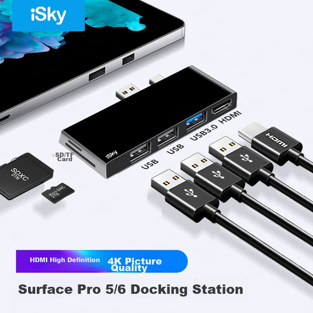 Док-станция Isky для Microsoft Surface Pro 5/6, USB-конвертер, HDMI-док-станция, видеохаб, разветвитель для ноутбука HD. - Фото 4 Док-станция Isky для Microsoft Surface Pro 5/6, USB-конвертер, HDMI-док-станция, видеохаб, разветвитель для ноутбука HD. - изображение 4