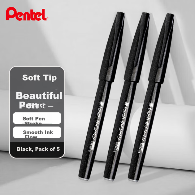 Кольорова ручка Pentel з м'яким пензлем, еластичний наконечник, на водній основі, сенсорна, для щоденників, листів та листівок, SES15C чорного кольору, упаковка з 5 штук - изображение 4