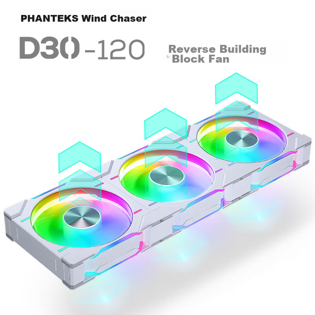 PHANTEKS D30 Building Block Version Anti-Leaf 12cm Case Water Cooling Radiator ARGB Temperature Control Fan (30mm Thick, 7 Blades High Air Pressure, Wireless Cable Splicing, 3-Seat Set, White) - изображение 4