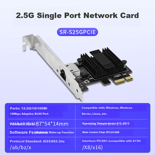 Мережева карта Xiliweishi PCI-E до 2.5G, дротова мережева карта для настільного комп'ютера NAS-сервера, сумісна з внутрішньою Ethernet-картою Gigabit, RJ45 чорного кольору SR-S25GPCIE - Фото 4 Мережева карта Xiliweishi PCI-E до 2.5G, дротова мережева карта для настільного комп'ютера NAS-сервера, сумісна з внутрішньою Ethernet-картою Gigabit, RJ45 чорного кольору SR-S25GPCIE - изображение 4