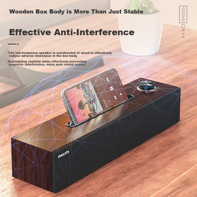 PHILIPS SPA3808 Bluetooth-колонка для комп'ютера, звукова система, настільний USB-порт, ноутбук, Bluetooth-мультимедійний домашній сабвуфер, підставка для телефону, багатофункціональна колонка коричневого кольору з дерев'яним малюнком - изображение 7