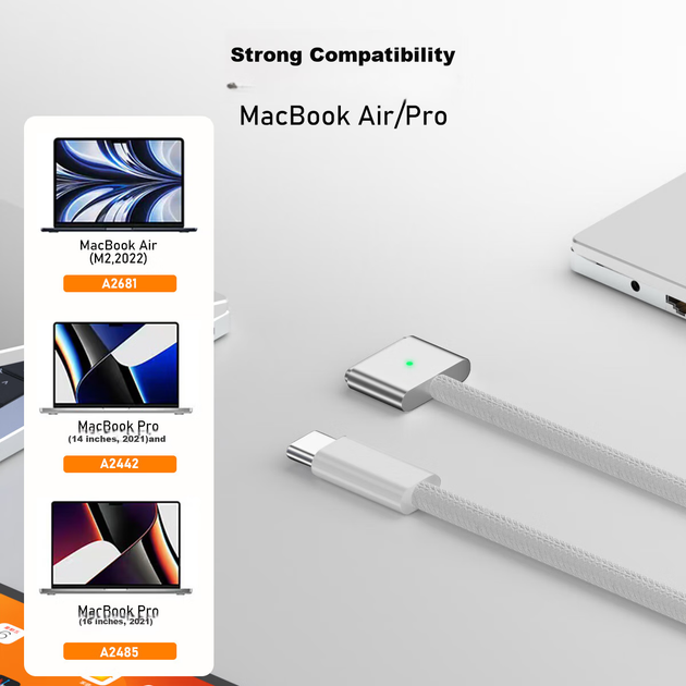 Зарядний кабель BIAZE для MacBook Pro A2442/A2779/A2681, адаптер живлення для ноутбука USB-C — MagSafe 3, магнітний M2. - зображення 7