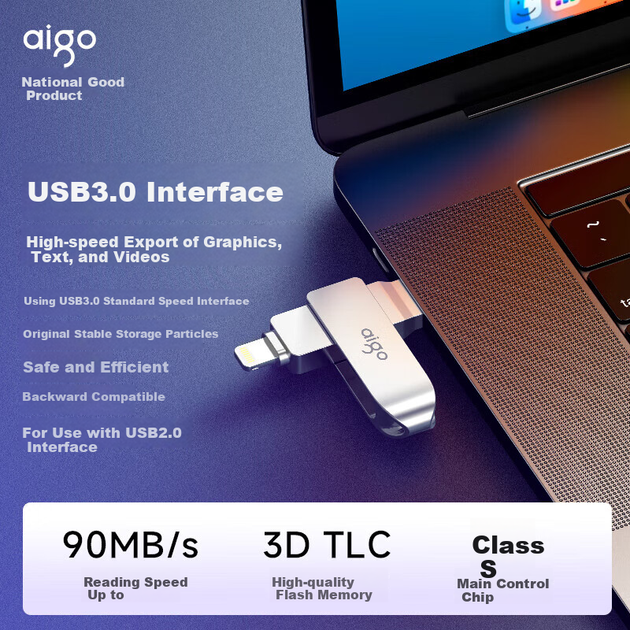 Флеш-накопичувач Aigo 64GB Lightning USB 3.0 Apple U371, сертифікований Apple MFI, сумісний з iPhone 14/iPad 9 та попередніми версіями, флеш-накопичувач подвійного призначення для телефонів та комп'ютерів - Фото 7 Флеш-накопичувач Aigo 64GB Lightning USB 3.0 Apple U371, сертифікований Apple MFI, сумісний з iPhone 14/iPad 9 та попередніми версіями, флеш-накопичувач подвійного призначення для телефонів та комп'ютерів - изображение 7
