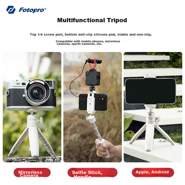 Портативный мини-штатив для беззеркальной камеры Fotopro TL-601, настольная подставка для телефона, выдвижная селфи-палка для прямых трансляций и видеоблогов, штатив для телефона, белый. - зображення 4