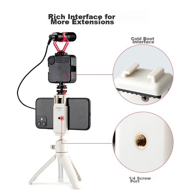 Портативный мини-штатив для беззеркальной камеры Fotopro TL-601, настольная подставка для телефона, выдвижная селфи-палка для прямых трансляций и видеоблогов, штатив для телефона, белый. - зображення 6