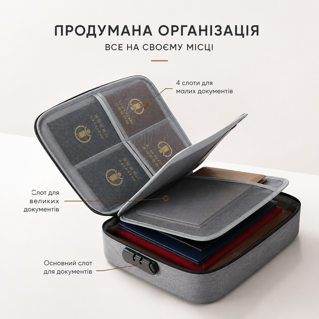 Органайзер-кейс для документів з кодовим замком 35×26×11 см, сумка для зберігання документів, паспортів і цінних речей - Фото 5 Органайзер-кейс для документів з кодовим замком 35×26×11 см, сумка для зберігання документів, паспортів і цінних речей - изображение 5