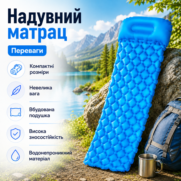 Надувной матрас со встроенной подушкой Туристический коврик TPU Кемпинговый каремат Портативное спальное место для походов 190 × 55 × 3 см синее - изображение 2