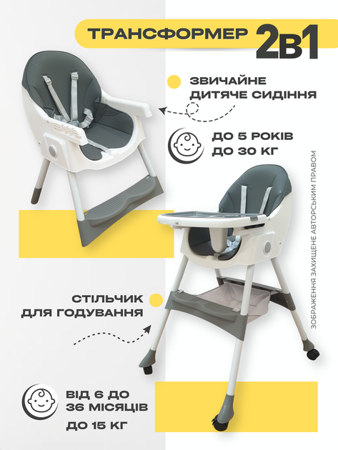 Дитячий стільчик для годування 2 в 1 високий м’який стілець трансформер дитяче крісло для малюків із регульованою спинкою та підніжкою знімний столик кошик на 4 коліщатках універсальний багатофункціональний зручний стійкий для дітей із PU екошкіри сірий - Фото 3 Дитячий стільчик для годування 2 в 1 високий м’який стілець трансформер дитяче крісло для малюків із регульованою спинкою та підніжкою знімний столик кошик на 4 коліщатках універсальний багатофункціональний зручний стійкий для дітей із PU екошкіри сірий - зображення 3