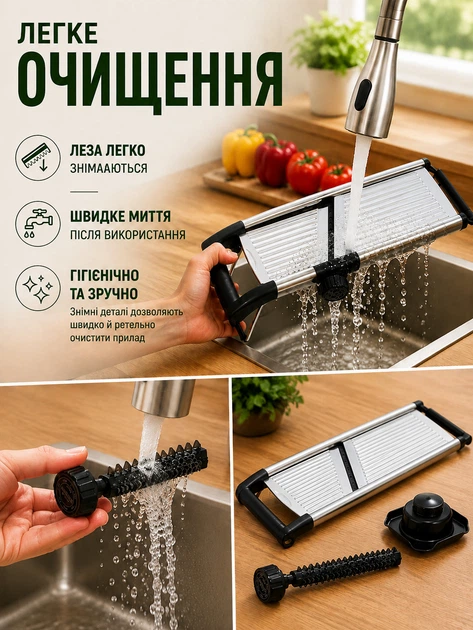 Овочерізка мандоліна ручна слайсер для нарізки овочів та фруктів фрі різання професійна регульована терка з нержавіючої сталі мультислайсер з регульованим лезом та ковзною ручкою 5 вбудованих лез комплект перчатки та щітка (EL-3651) - зображення 7