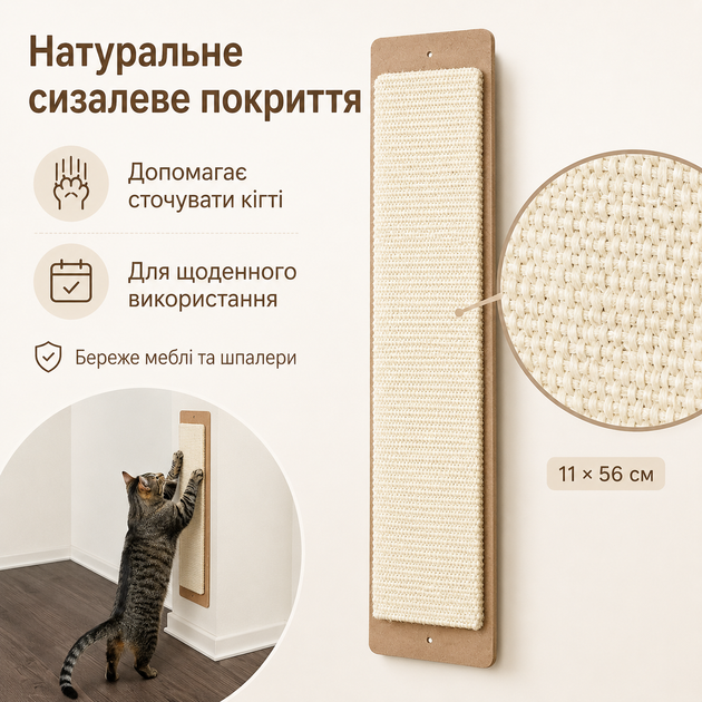 Дряпка Trixie для котов настенная сизаль/дерево бежевая 11×56 см - изображение 3