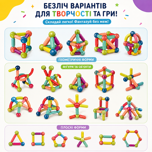Дитячий розвивальний магнітний 3D-конструктор 100 деталей великі палички та кульки - Фото 4 Дитячий розвивальний магнітний 3D-конструктор 100 деталей великі палички та кульки - зображення 4