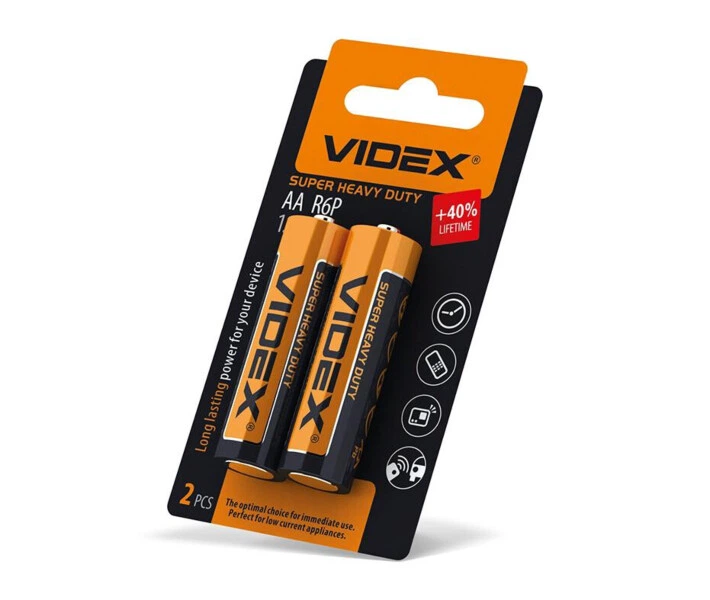 Батарейка сольова VIDEX R6P/AA AA 1,5 V, 2 шт у блістері - Фото 1 Батарейка сольова VIDEX R6P/AA AA 1,5 V, 2 шт у блістері - изображение 1