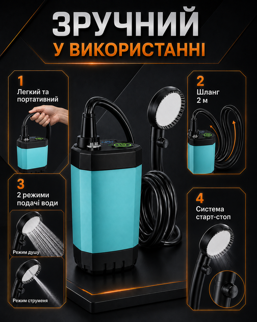 Душ портативный туристический PN-22 9000 mAh от аккумулятора переносной с насосом производный с насосом и USB зарядкой - изображение 2