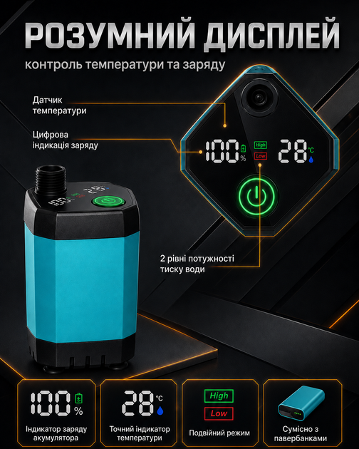Душ портативный туристический PN-22 9000 mAh от аккумулятора переносной с насосом производный с насосом и USB зарядкой - изображение 3