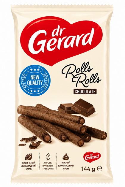 Вафельні трубочки Dr.Gerard Rolls Chocolate з шоколадною начинкою 144 г - Фото 1 Вафельні трубочки Dr.Gerard Rolls Chocolate з шоколадною начинкою 144 г - зображення 1