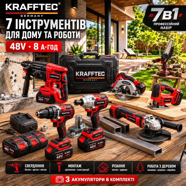 Комплект электроинструментов Krafftec Germani аккумуляторная 7в1 48 В 8 Ач без щеточная дрель шуруповерт веткорез УШМ перфоратор ударный гайковерт дисковая пила электролобзик 850 Нм 125 мм 4.2 Дж три батареи зарядка кейс красный - изображение 3