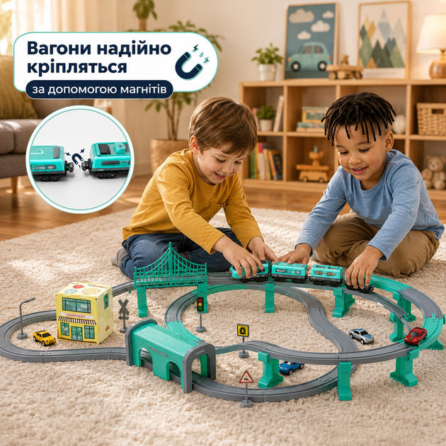 Детская железная дорога конструктор с электропоездом на батарейках, 66 деталей - Фото 3 Детская железная дорога конструктор с электропоездом на батарейках, 66 деталей - изображение 3