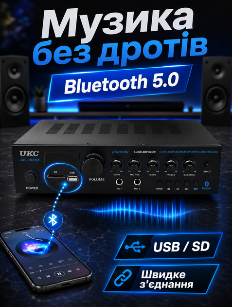 Стерео усилитель для караоке с Bluetooth 5.0 и входами для 2 микрофонов 2×200 Вт USB SD FM LED дисплей - изображение 2