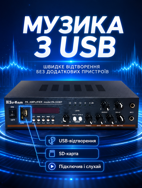 Двухканальный музыкальный усилитель для колонок с Bluetooth 5.0 и пультом ДУ 2х100 Вт с регулировкой тембра и баланса - Фото 2 Двухканальный музыкальный усилитель для колонок с Bluetooth 5.0 и пультом ДУ 2х100 Вт с регулировкой тембра и баланса - изображение 2