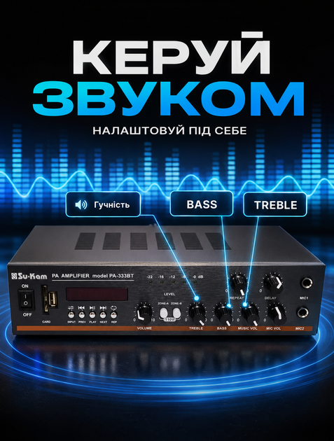 Двухканальный музыкальный усилитель для колонок с Bluetooth 5.0 и пультом ДУ 2х100 Вт с регулировкой тембра и баланса - Фото 4 Двухканальный музыкальный усилитель для колонок с Bluetooth 5.0 и пультом ДУ 2х100 Вт с регулировкой тембра и баланса - изображение 4