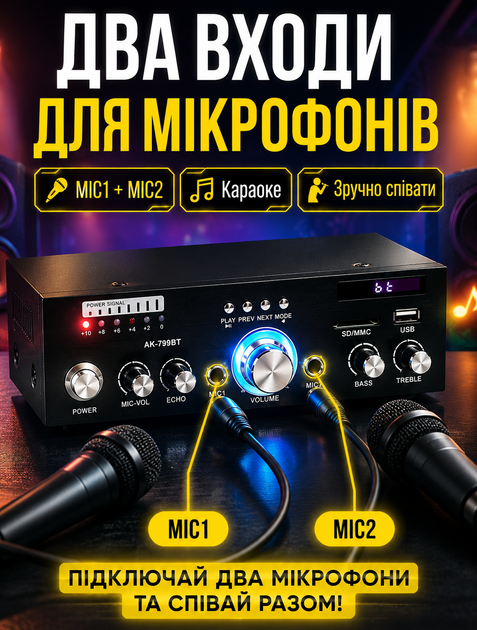 Аудіо підсилювач AMP з Bluetooth 5.0 для бездротового підключення, FM-радіо та 2-канальним виходом 25 Вт - зображення 4