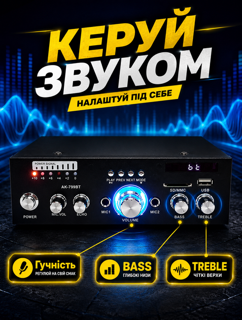 Аудіо підсилювач AMP з Bluetooth 5.0 для бездротового підключення, FM-радіо та 2-канальним виходом 25 Вт - зображення 5