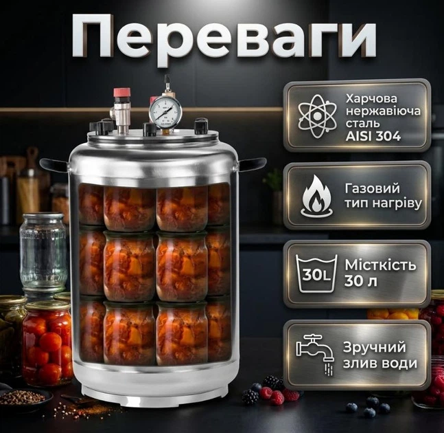 Автоклав UTEHO А24 Газовий 30 л на 24 банки Нержавійка AISI 304 - зображення 2