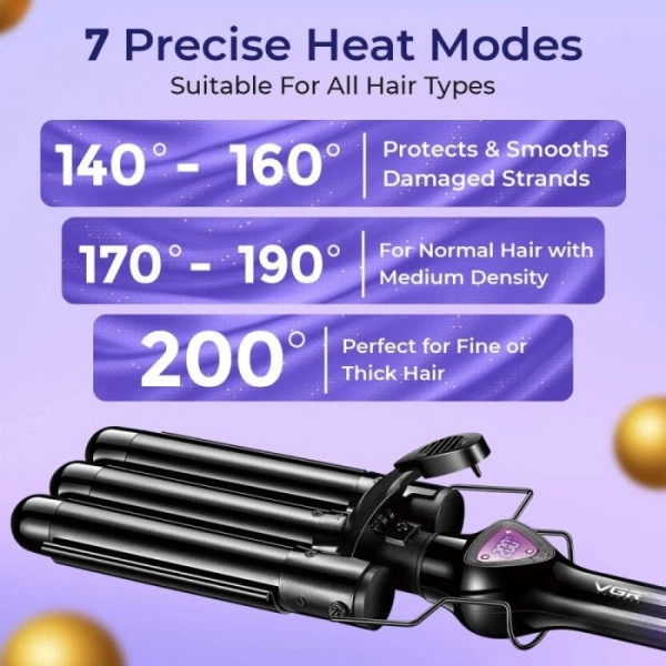 Плойка потрійна VGR V-590, 140-200 °C, керамічне покриття, LED дисплей, 130 W Фіолетова - зображення 8