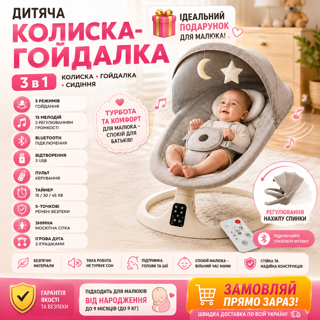 Дитяча люлька-качалка M06 3 в 1 з Bluetooth музикою пультом та москітною сіткою (LUX2133) - Фото 2 Дитяча люлька-качалка M06 3 в 1 з Bluetooth музикою пультом та москітною сіткою (LUX2133) - зображення 2