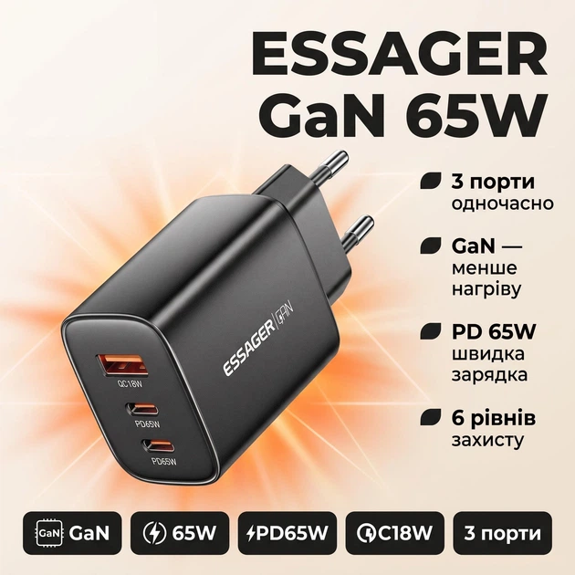 Зарядний пристрій Essager GaN 65W для телефону, планшета, ноутбука, 2 x USB-C+USB-A (ES-X57), чорний - зображення 2
