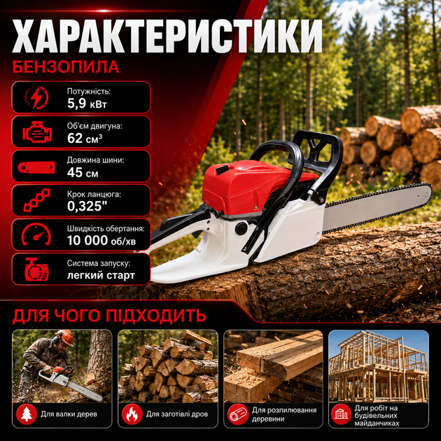 Бензопила Garden Tools BX-5200 Професійна ланцюгова пила для колод Моторний інструмент для валки дерев Садова техніка для заготівлі дров - зображення 4