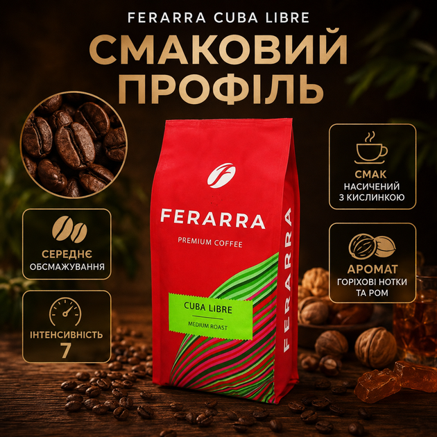 Кофе в зернах Ferarra Cuba Libre 1 кг зерновой кофе средней обжарки ароматизированный кофе с ароматом кубинского рома купаж для эспрессо насыщенный кофейный напиток с кислинкой ореховыми нотками для кофемашины дома офиса - Фото 2 Кофе в зернах Ferarra Cuba Libre 1 кг зерновой кофе средней обжарки ароматизированный кофе с ароматом кубинского рома купаж для эспрессо насыщенный кофейный напиток с кислинкой ореховыми нотками для кофемашины дома офиса - изображение 2