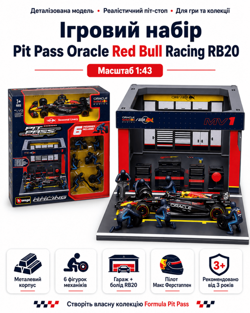 Ігровий набір Pit Pass Oracle Red Bull Racing RB20 (масштаб 1:43) - Фото 1 Ігровий набір Pit Pass Oracle Red Bull Racing RB20 (масштаб 1:43) - изображение 1