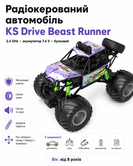 Радіокерований автомобіль KS Drive Beast Runner 2.4 GHz, акумулятор 7.4 V, бузковий - Фото 1 Радіокерований автомобіль KS Drive Beast Runner 2.4 GHz, акумулятор 7.4 V, бузковий - изображение 1