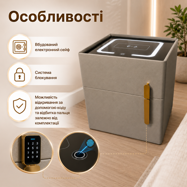 Прикроватная тумбочка с сейфом Мебельная тумба с беспроводной зарядкой Ночной столик с LED-подсветкой Стеклянная консоль USB для спальни - изображение 3
